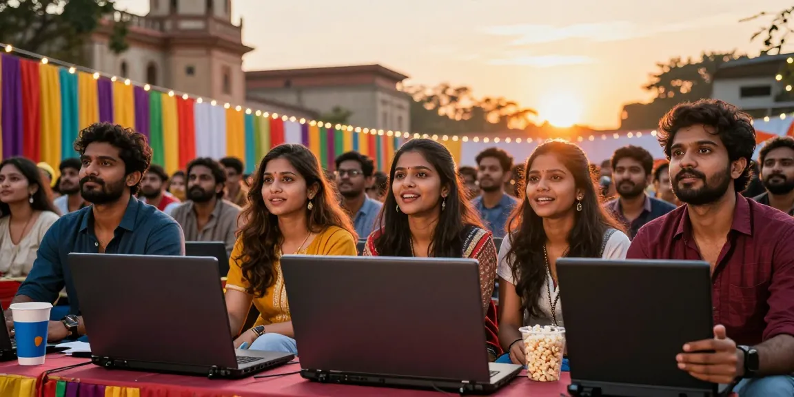 Group watching ullu web series premiere at a festive outdoor film festival.