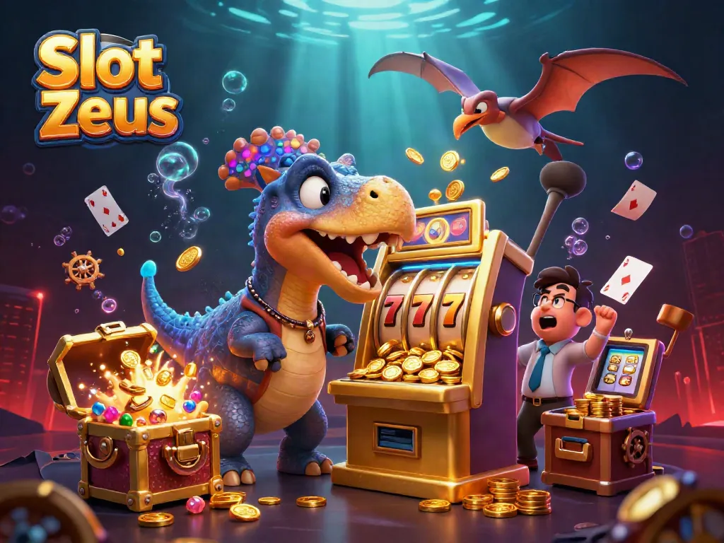 Slot Zeus memberikan jackpot besar ketika pterosaurus tertangkap terbang menangkap koin emas yang melayang.