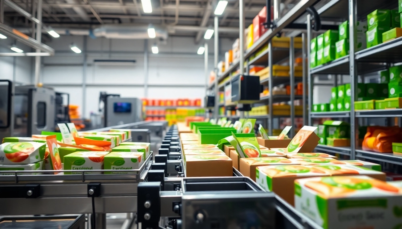 Streamlined food contract packaging process in an advanced facility showcasing vibrant eco-friendly packaging.