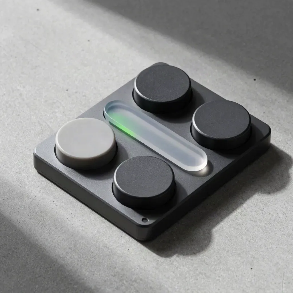 Overhead flatlay of a matte-black analytics module, four pucks and a curved shard on grey concrete.