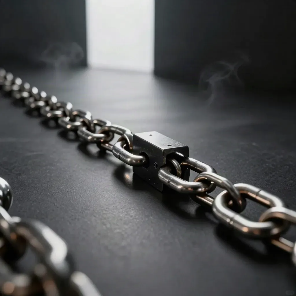 Metal backlink sculpture with chain links and black module on a dark studio surface.