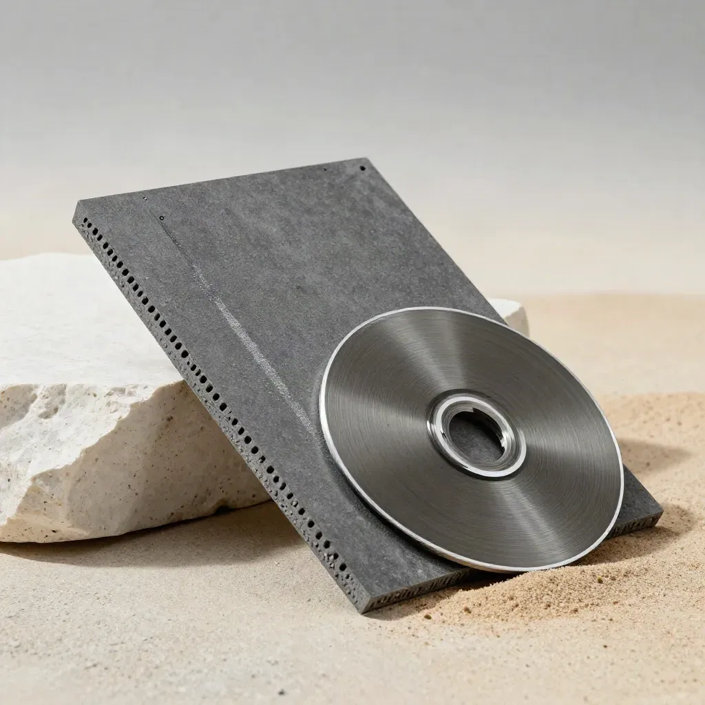 Graphite audit slab, stone sample, and two calibration discs on sand-washed concrete.