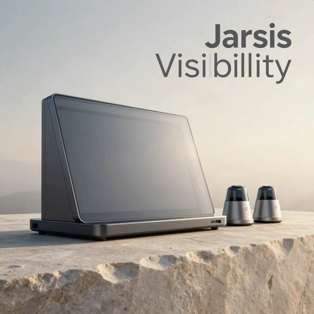 Graphite AI visibility console and three signal modules on damp limestone in soft dawn mist