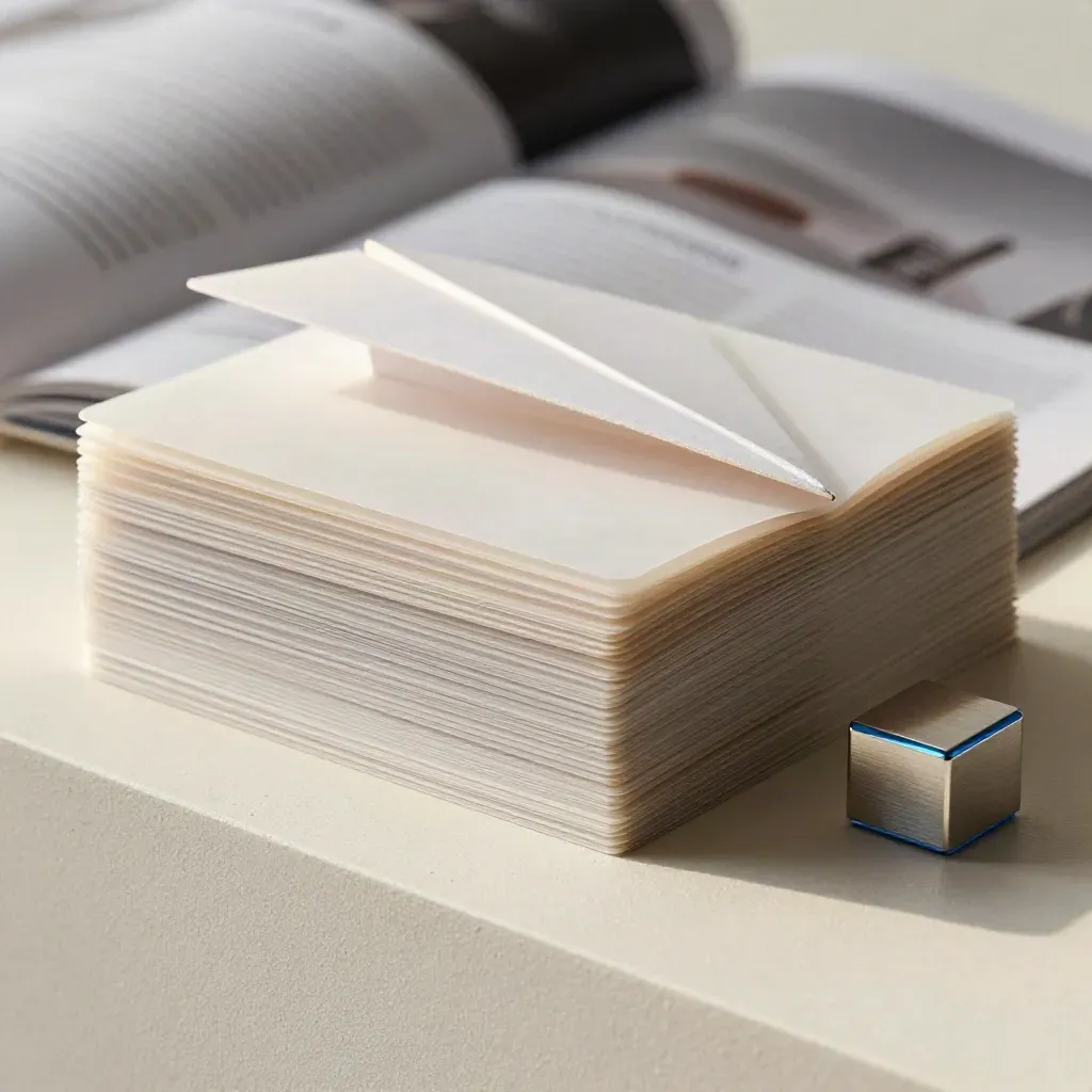 Off-white translucent cards and a folded paper-plane form beside a metal block on a cream plinth.