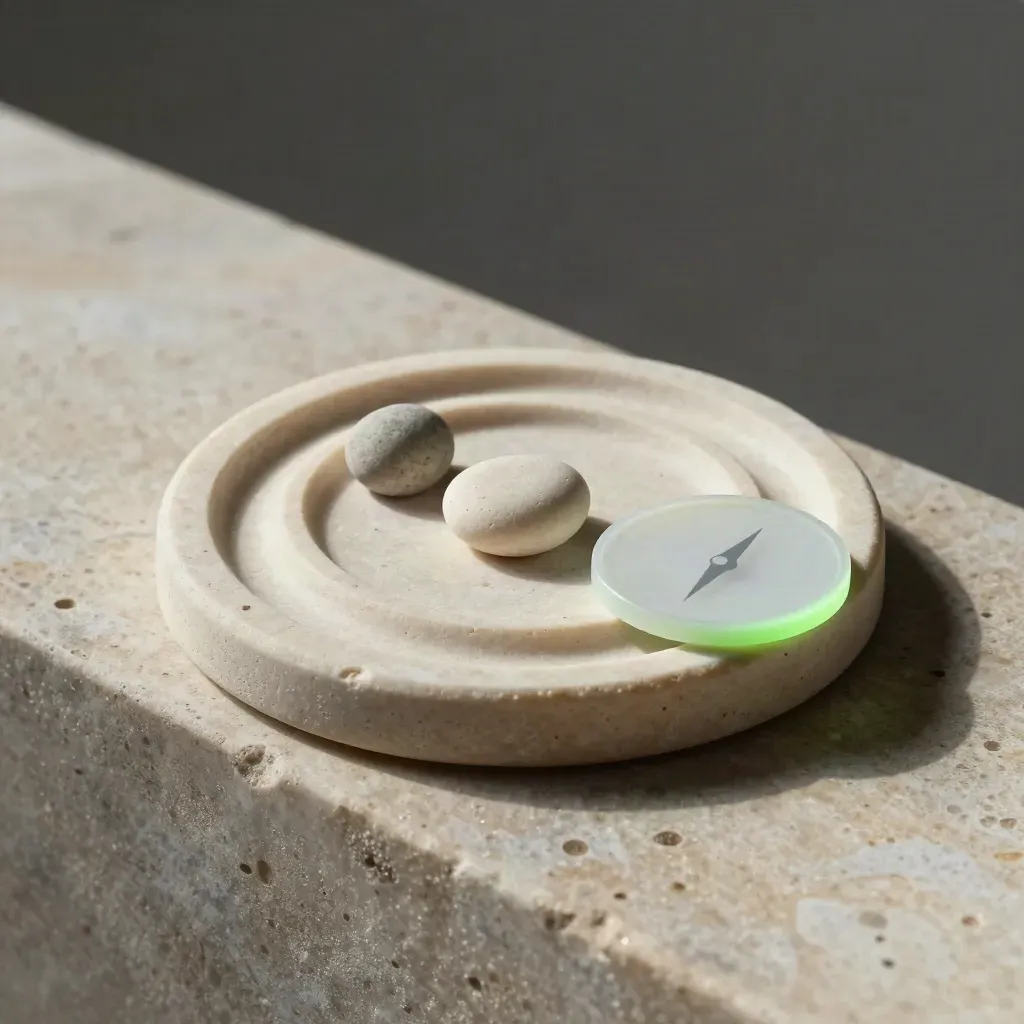 Pale stone location marker with rings, pebble nodes, and a matte disc on travertine, lit dramatically.