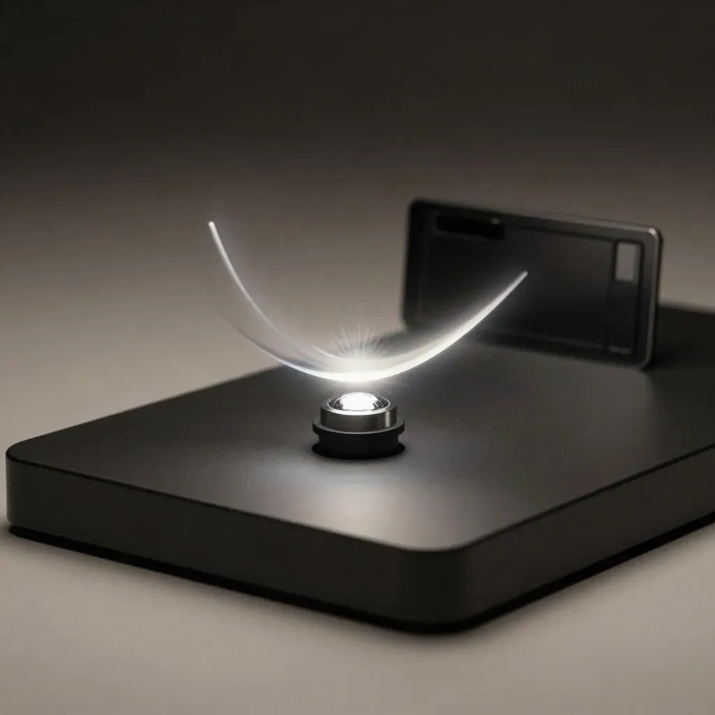 Alert beacon, translucent arc, and reflective token on a matte-black plinth with dramatic rim light.