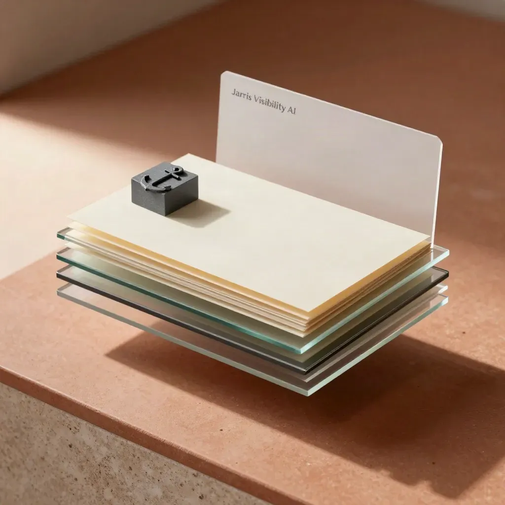 Glass AI brief stack with graphite block on terracotta plinth in soft studio light