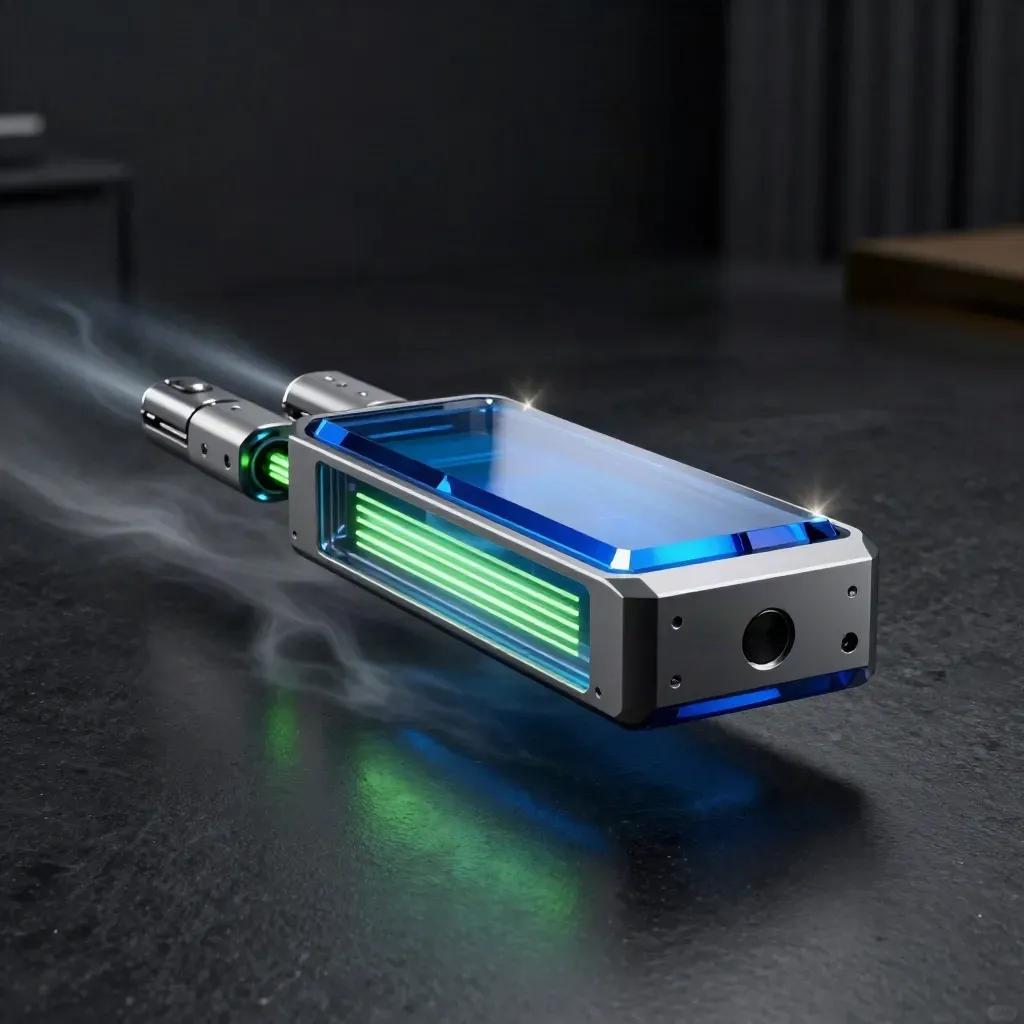 Glowing glass team-plan modules and signal nodes on a matte-black surface with blue and green light.