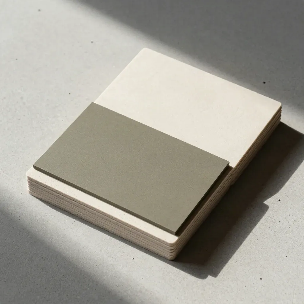 Overhead audit kit flatlay of stone cards, a calibration block and folded separator on pale concrete.