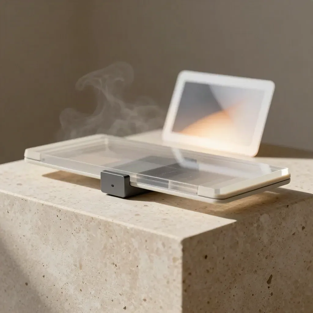 Translucent AI brief-builder slab with graphite block and sliding tabs on stone.