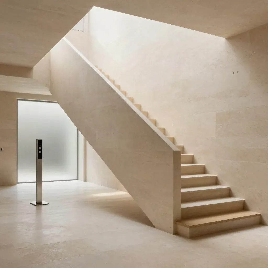 Sunlit limestone atrium with oak stair and soft analytics light, calm copy space below