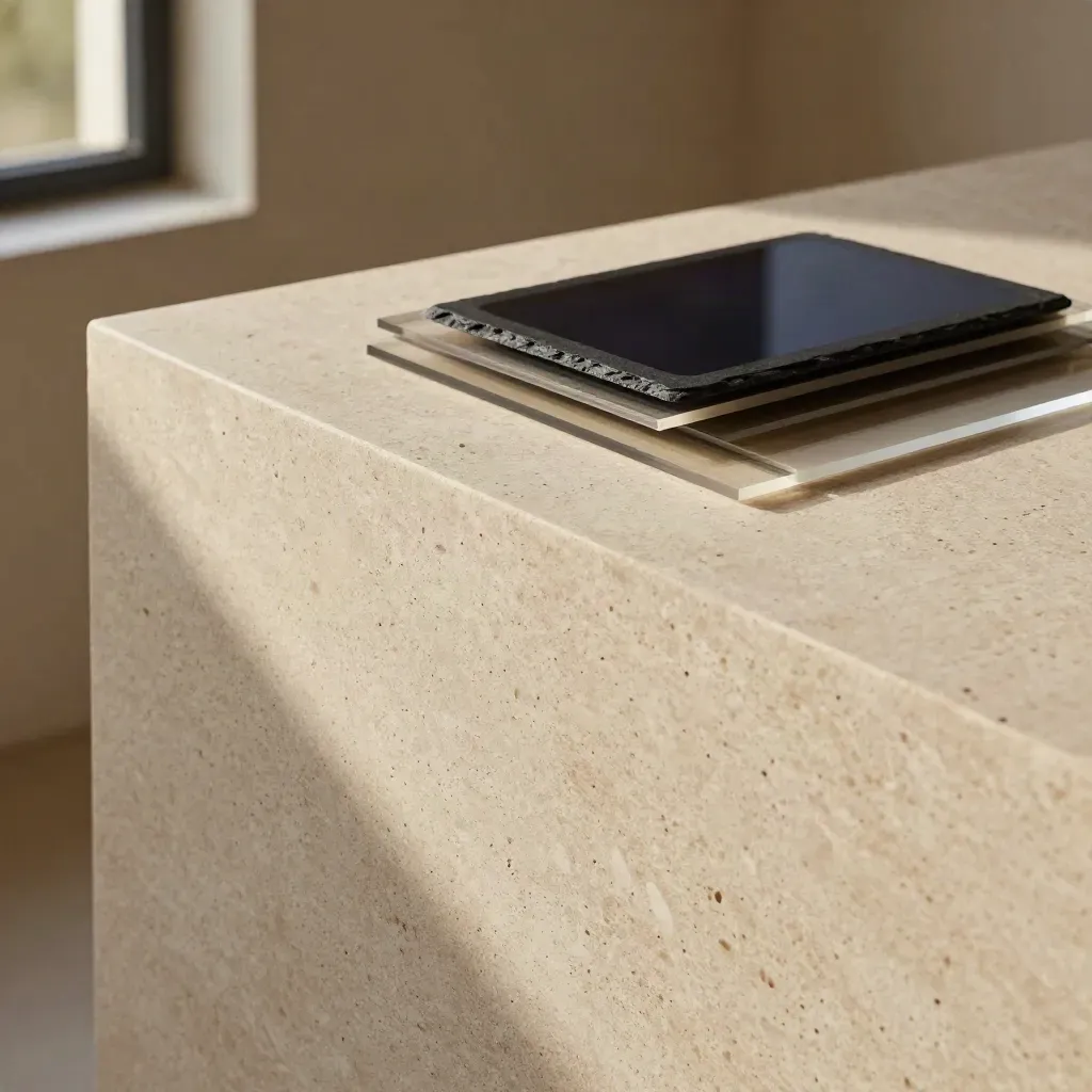 Travertine tabletop to plaster wall with soft window light and calm copy space