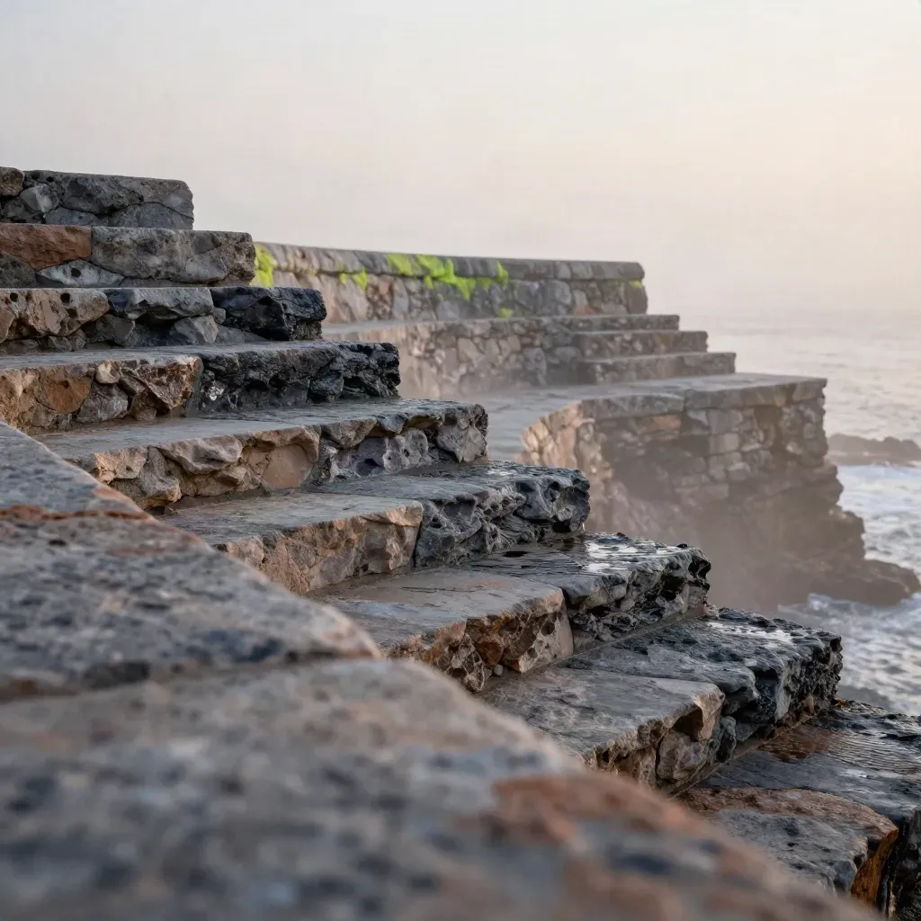 Misty coastal terrace with layered stone steps and a pale horizon in dawn haze.