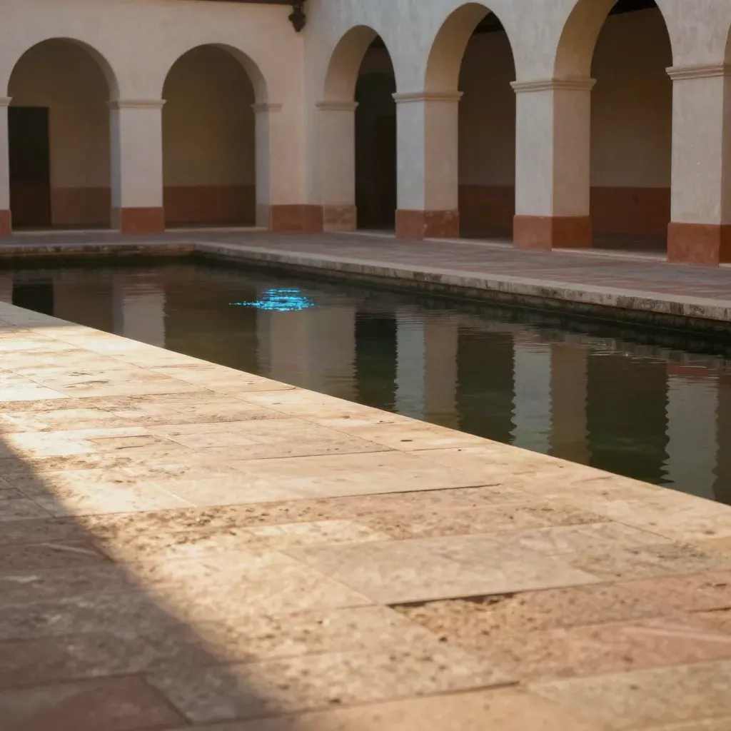 Terracotta courtyard with reflective canal edge and blurred arches in warm golden light.