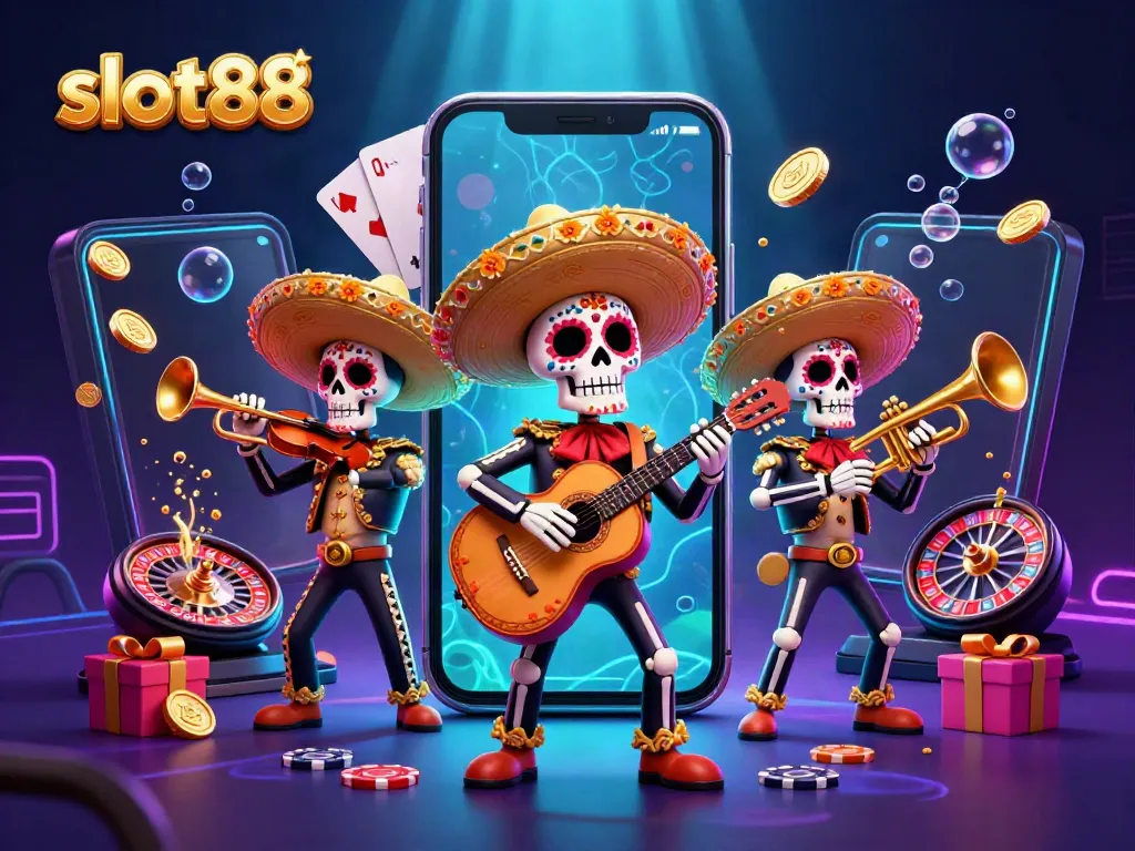 Engage with slot88 as colorful mariachi skeletons celebrate jackpots in a dynamic casino scene.