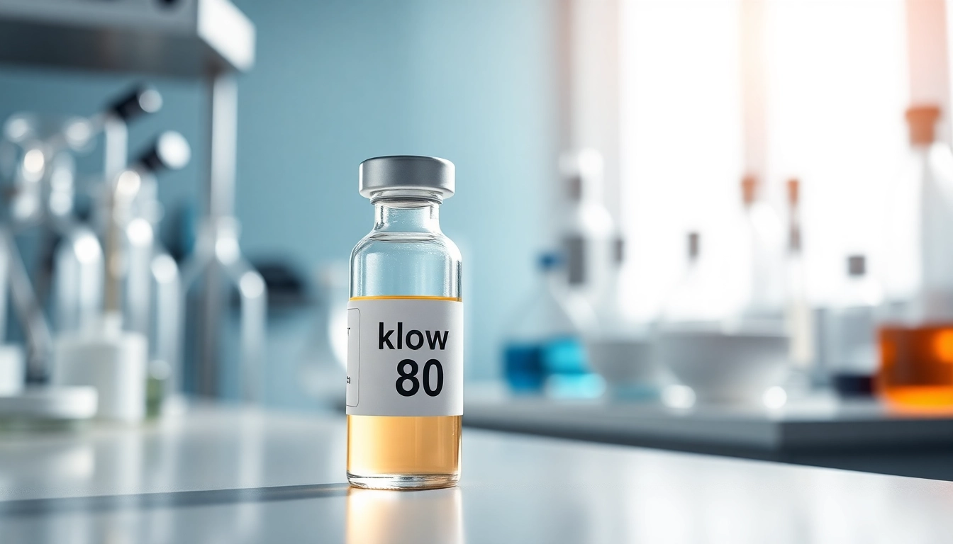 Showcasing klow 80 peptide vial in a sterile lab environment, conveys purity and scientific precision.