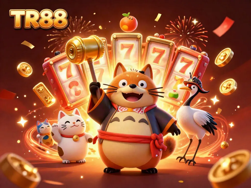 Engage with the TR88 casino experience featuring vibrant characters, slot reels, and festive energy.
