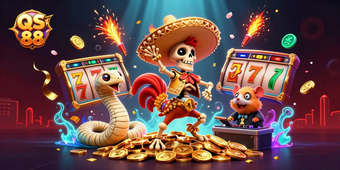 Experience exciting gameplay at QS 88 with dynamic slot reels, golden coins, and festive characters.