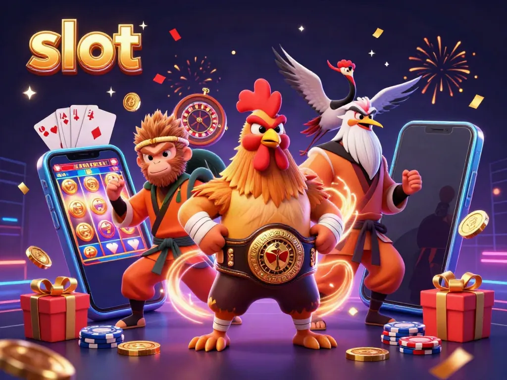 Engaging scene of a slot game featuring a rooster, monkey, and crane, surrounded by exciting casino elements.