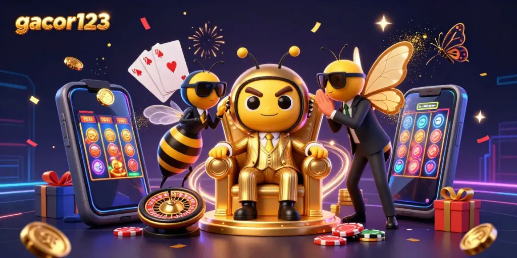 Engage with gacor123's exciting gaming features showcasing a 3D cartoon mob boss and vibrant slot elements.