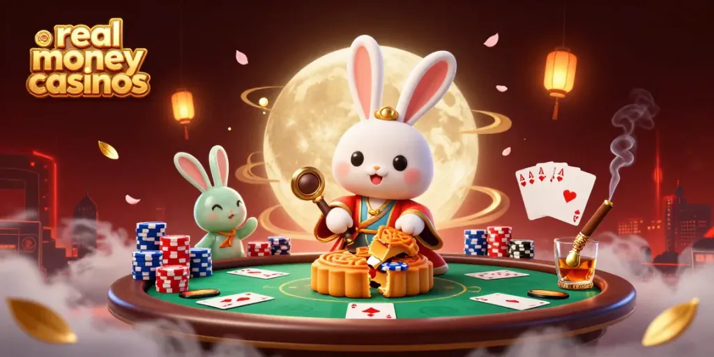 Engage with real money casinos in this vibrant lunar casino scene featuring playful moon rabbits and poker elements.