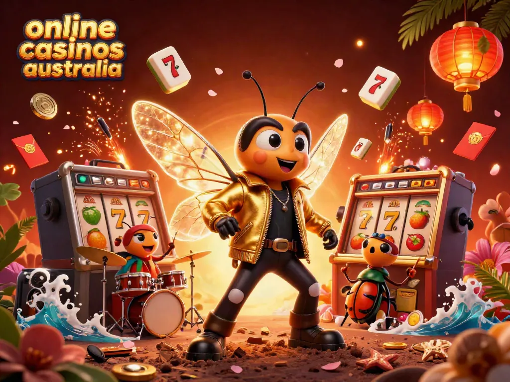 Experience online casinos in Australia with a vibrant rock star theme, showcasing slots and lively characters.
