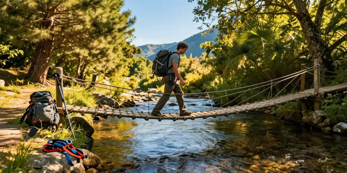 Hiker crossing a river rope bridge, surrounded by lush greenery, showcasing adventure.