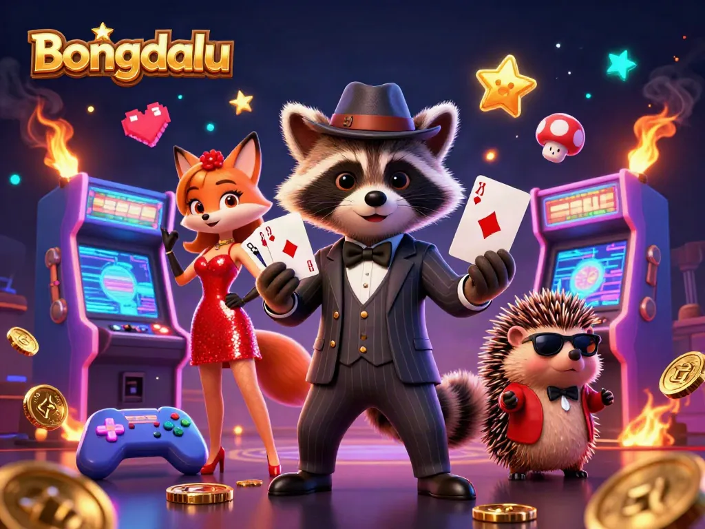 Bongdalu showcases a charming casino scene with a raccoon poker player and vibrant gaming elements.