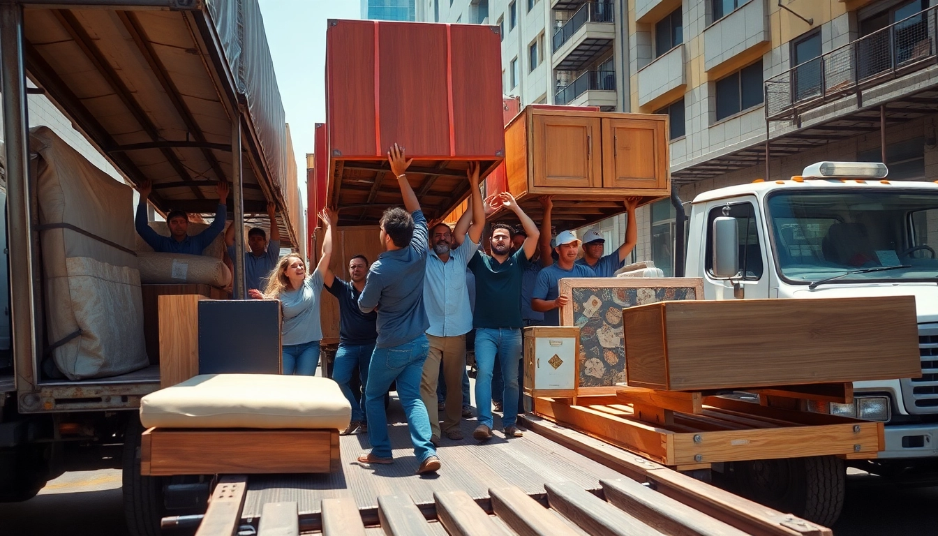 Team engaged in hauling heavy items with a truck in an urban setting, showcasing dynamic movement.