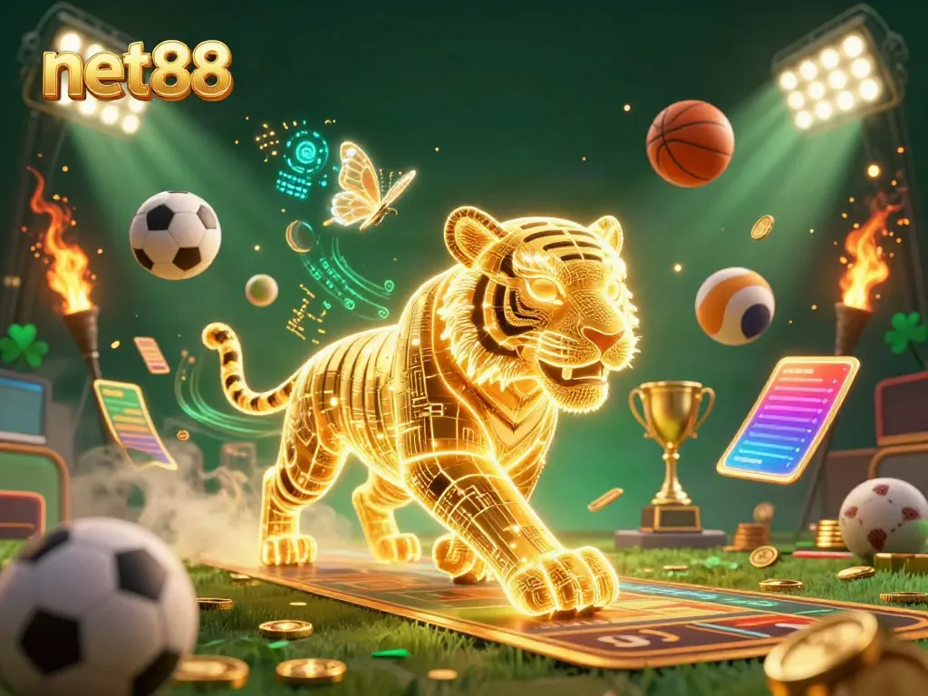 Experience the thrill of betting with net88 featuring a neon tiger in a vibrant casino scene.