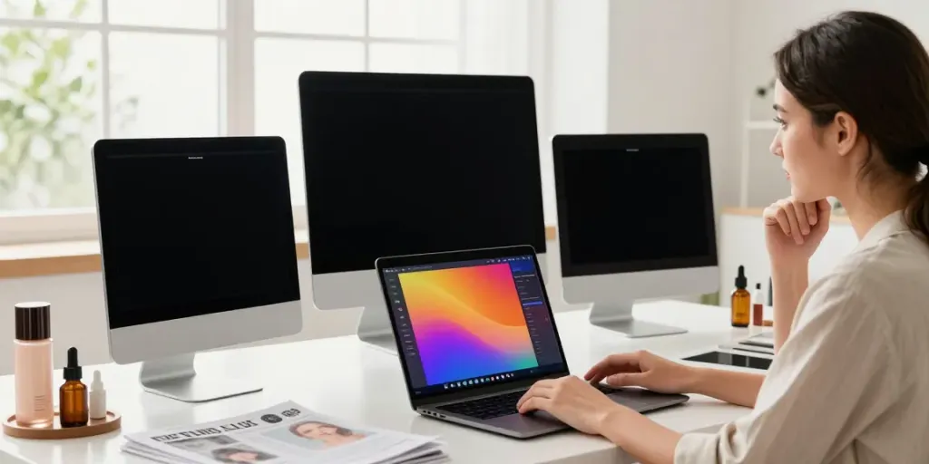 Exploring alternatives to QOVES through various facial analysis apps on multiple smartphones in a modern workspace.