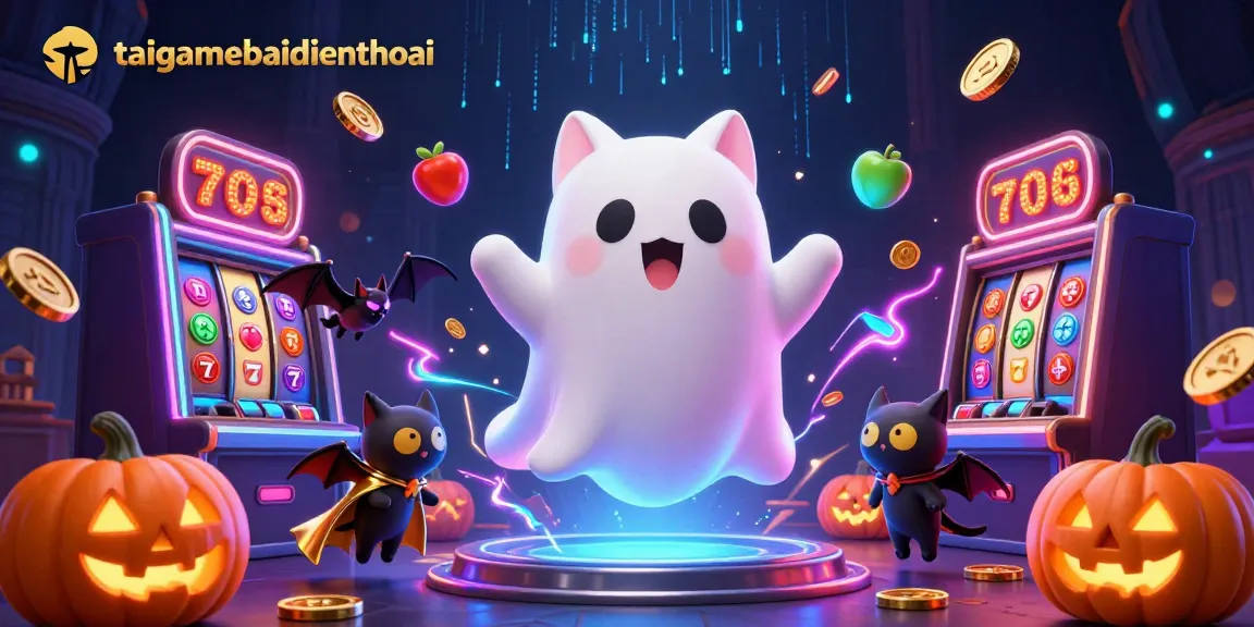 Experience thrilling moments at taigamebaidienthoai featuring a ghost cat, vampire bat, and glowing jack-o-lanterns.