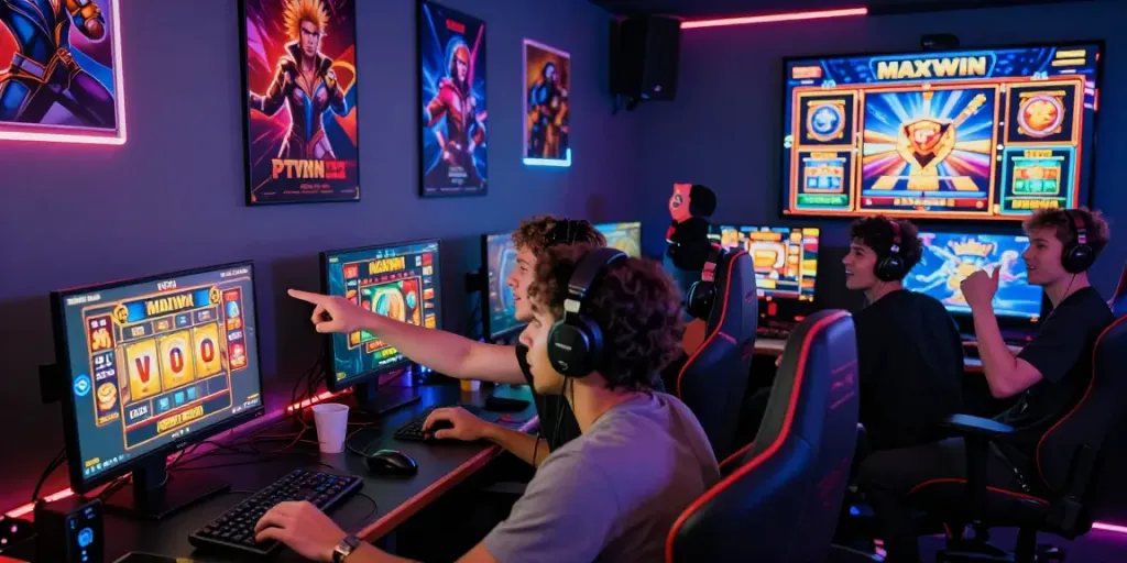 Excited players at a lively gaming setup celebrating a slot maxwin win.