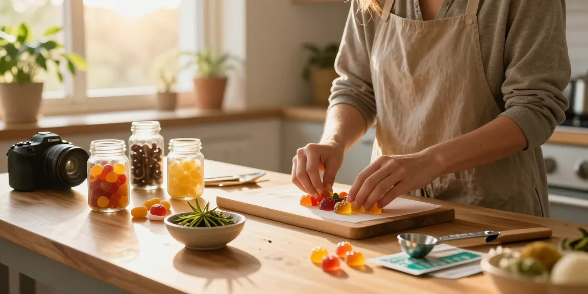 Person preparing premium delta-9 gummies with natural ingredients in a warm kitchen.