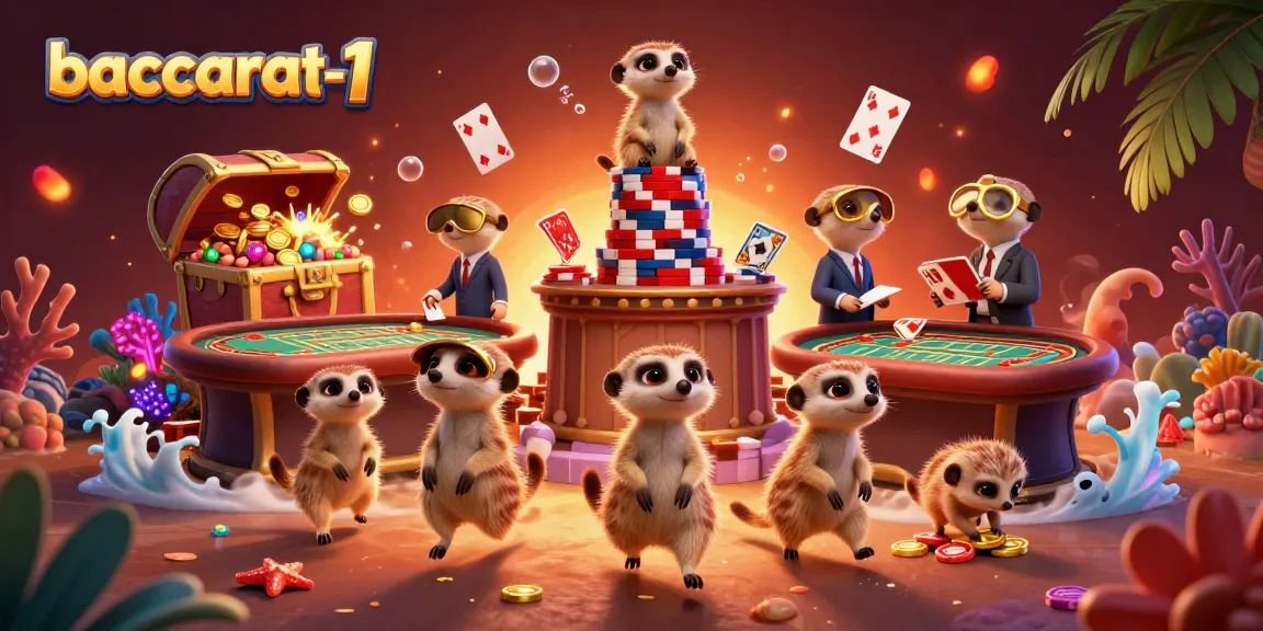 Baccarat-1 offers thrilling casino action with meerkat dealers amidst a vibrant gaming atmosphere.