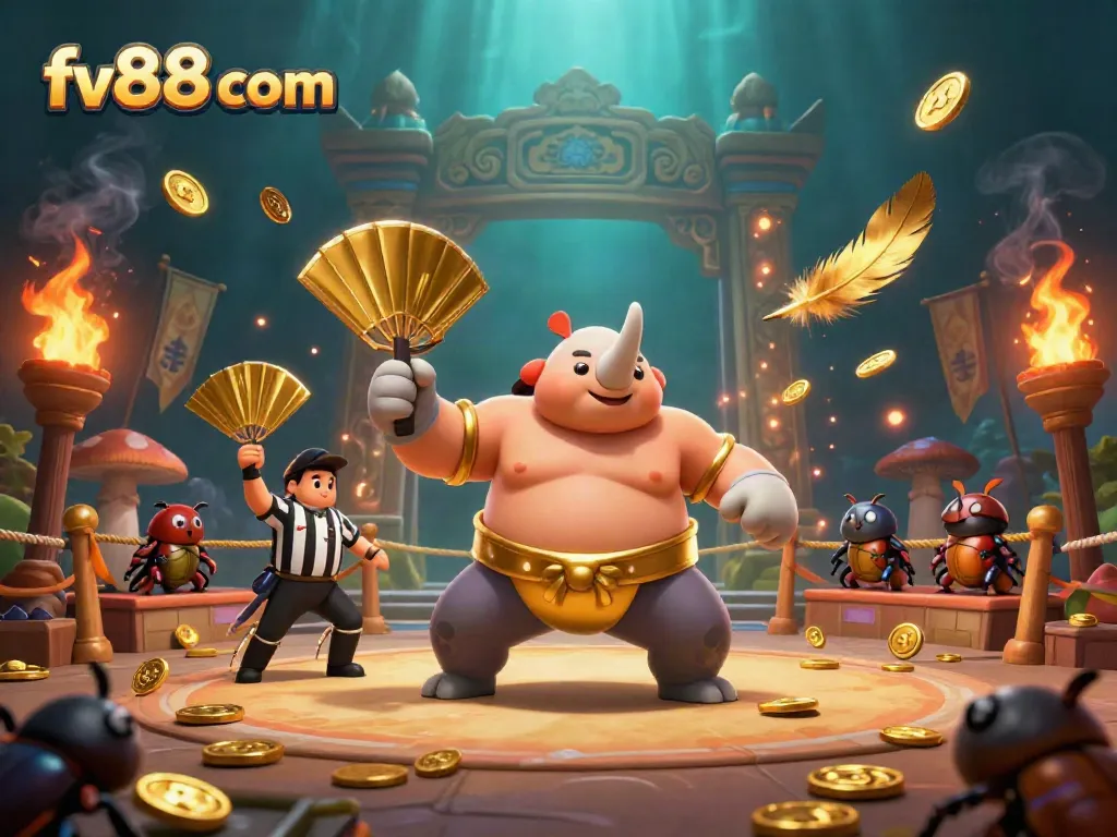 Join the action at fv88 com with a vibrant 3D scene featuring a sumo beetle champion amidst flying coins and cheering spectators.