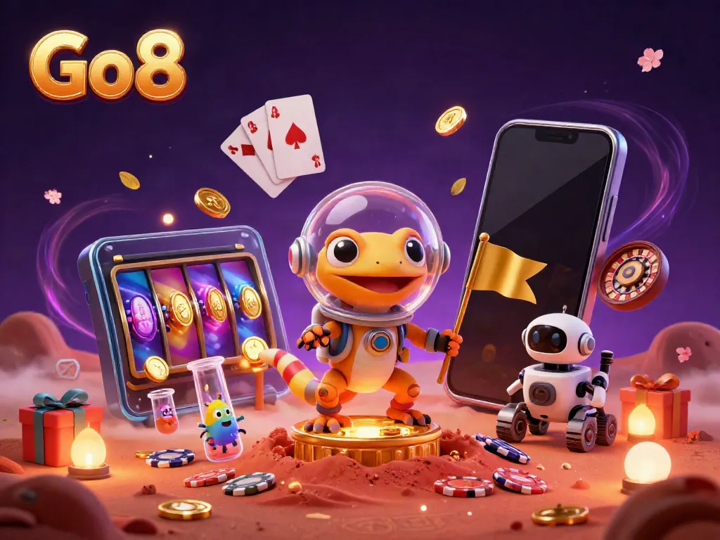Experience the thrilling Go 8 Martian casino adventure featuring a gecko and robot rover amidst vibrant gambling elements.