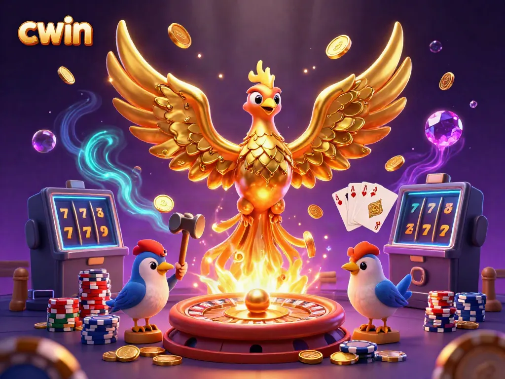 Experience winning moments at cwin with a molten golden phoenix emerging from coins and vibrant casino elements.