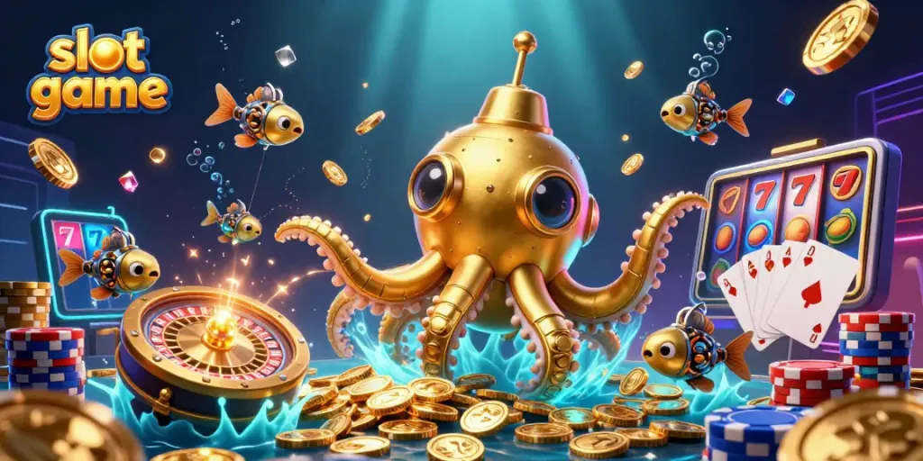Engage with thrilling slot game action featuring colorful symbols and dynamic elements in an underwater casino setting.