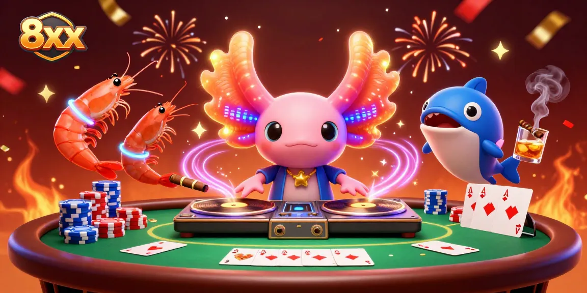 Experience an energetic casino party scene with 8xx characters and vibrant poker elements.
