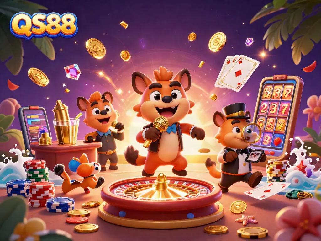 Join the fun at QS88 Casino with hyenas enjoying comedy, drinks, and gaming.