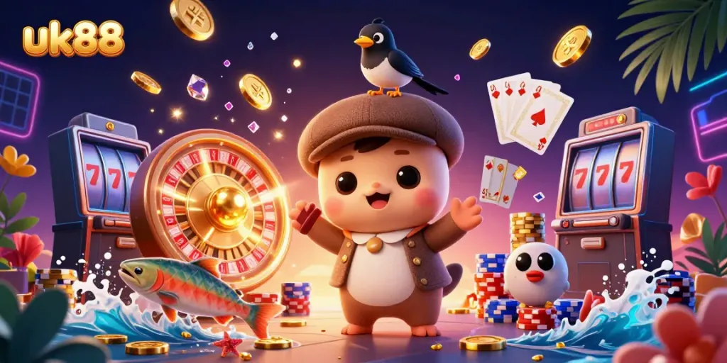 Experience thrilling wins with uk88's dynamic casino scene featuring playful characters and vibrant game elements.