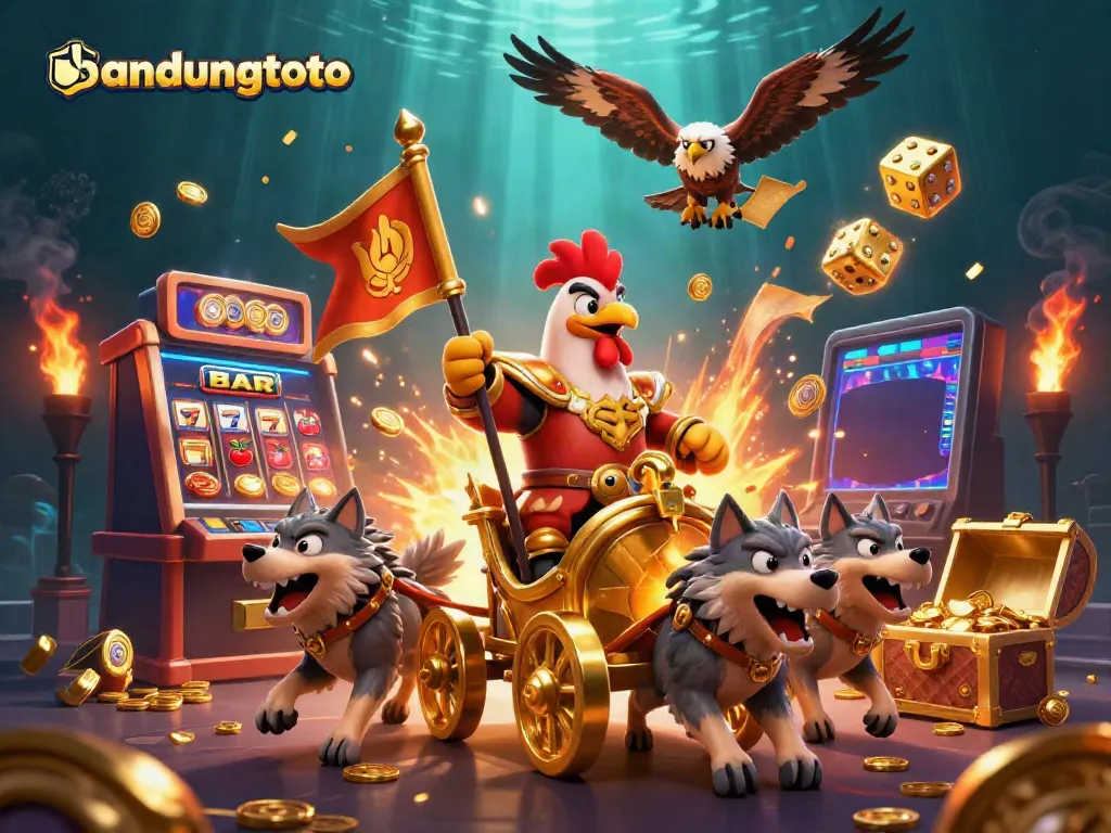 Experience bandungtoto's thrilling casino adventure with a rooster warlord leading the way in a vibrant game scene.