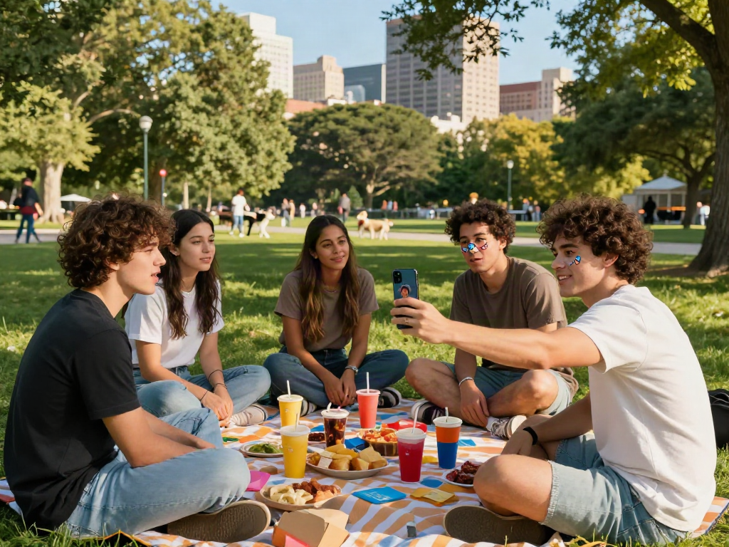 Group of friends sharing their celebrity i look like results in a lively urban park.