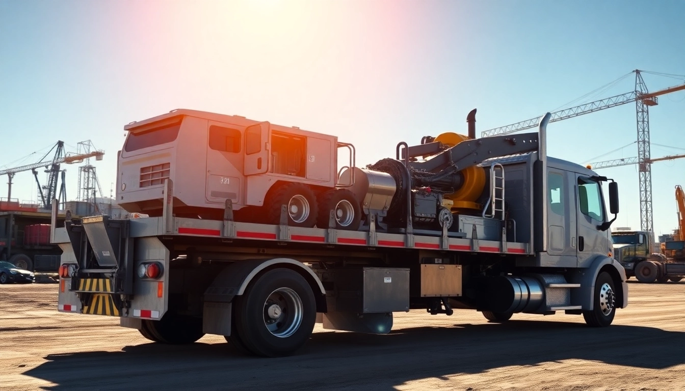Showcasing equipment transport with a flatbed truck loaded with machinery at a construction site.