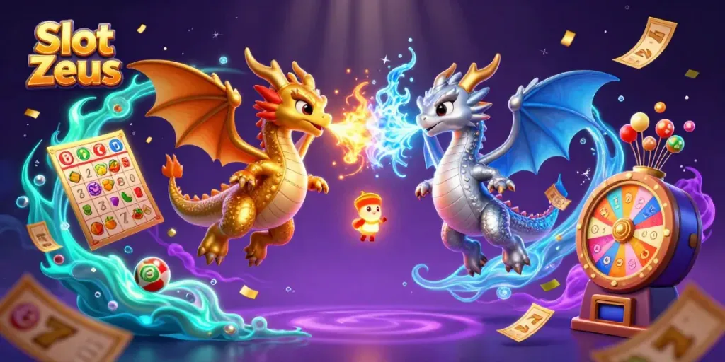 Spin the reels of Slot Zeus with mythical dragons in a vibrant casino scene.
