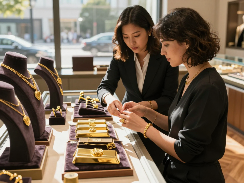 Buying gold jewelry at mantra88 in a luxurious showroom filled with 24K and 22K gold pieces.