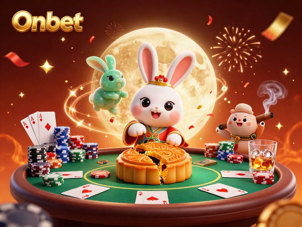 Onbet showcases a lively poker scene with moon rabbit characters and festive elements.