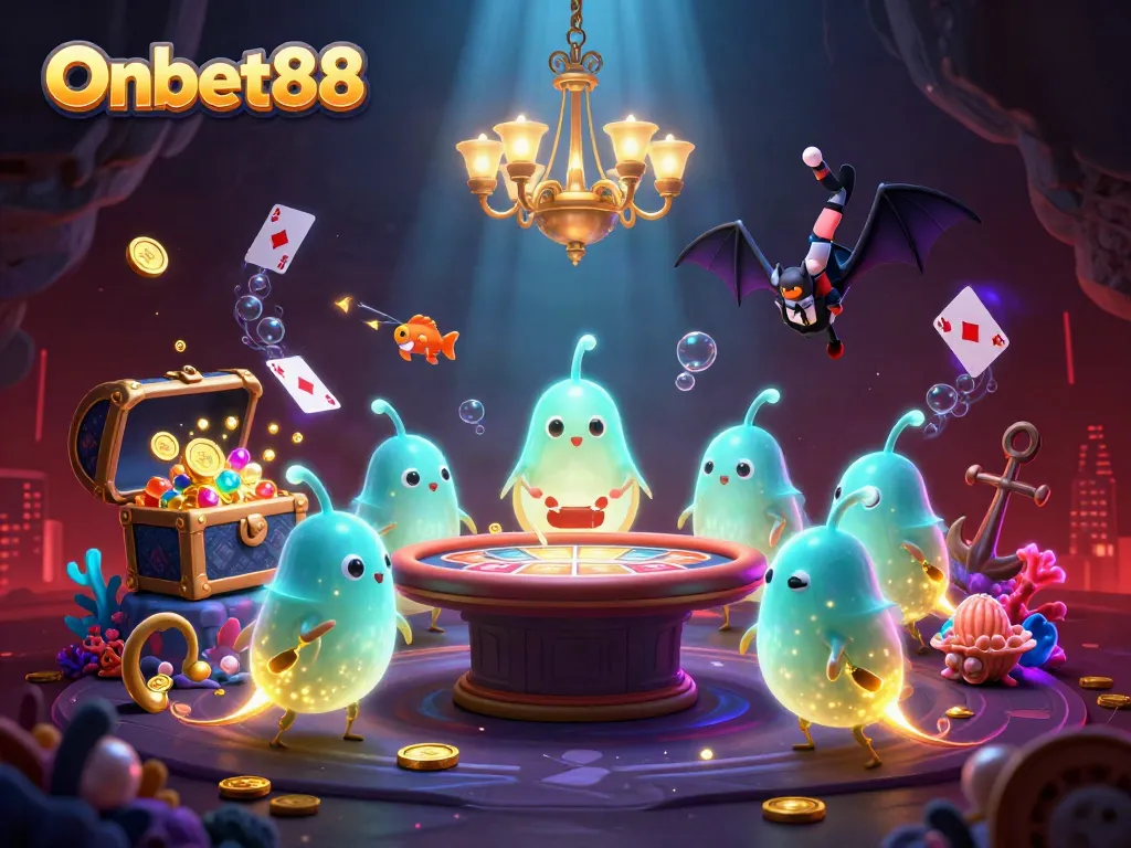 Experience the excitement of Onbet88 with a vibrant underwater casino scene featuring glowworms, treasure, and games.