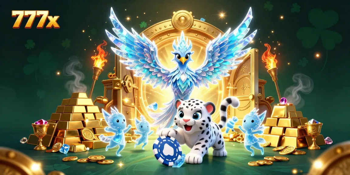 Enter the world of 777x with an enchanting ice phoenix, showcasing vibrant casino treasures.